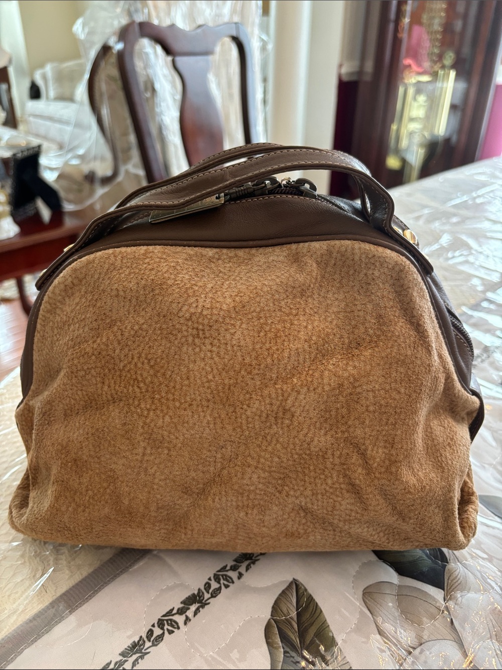 Borbonese Redwall Brown Suede Leather Top-Handle Bag
